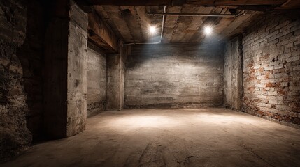 Creepy Empty Basement with Light Accentuation, Bricks, Concrete, and Rough Texture