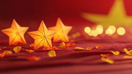 Golden star lanterns glowing against red silk, with scattered chrysanthemum petals for a festive touch.