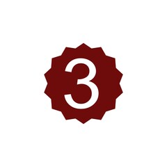 This image shows a bold white number 3 centered on a dark red starburst badge shape, set against a plain white background.

