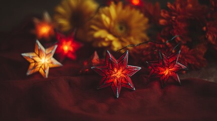 Golden star lanterns glowing against red silk, with scattered chrysanthemum petals for a festive touch.