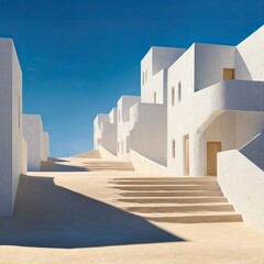 Whitewashed buildings on a sandy hillside under a vibrant blue sky