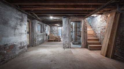 Dilapidated basement interior featuring aged walls, exposed ceiling, and rustic elements