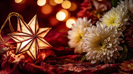Golden star lanterns glowing against red silk, with scattered chrysanthemum petals for a festive touch.