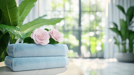 Close-up of light blue towels and pink roses on a table in a spa, with a blurred background, green plants, concept for a luxury hotel, beauty treatment or resort, copy space for text