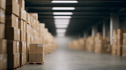 Warehouse interior with neatly stacked boxes, soft overhead light creating an orderly atmosphere.