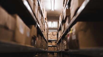 Warehouse interior with neatly stacked boxes, soft overhead light creating an orderly atmosphere.