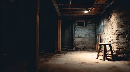 Dark Basement Interior: Old Concrete Walls, Wooden Structure, and Single Window