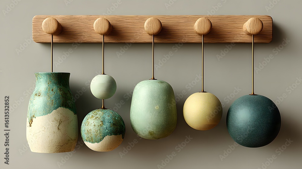 Poster A wall-mounted display of ceramic objects in varying shapes and colors.