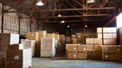 Warehouse interior with neatly stacked boxes, soft overhead light creating an orderly atmosphere.