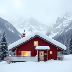Cozy red chalet nestled amidst snow covered mountains and pine trees