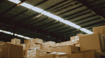 Warehouse interior with neatly stacked boxes, soft overhead light creating an orderly atmosphere.