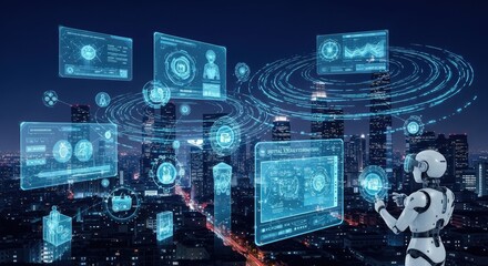 Futuristic AI robot analyzing data over a modern city skyline, exploring digital technology, innovation and the future