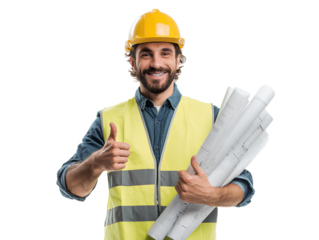 Smiling Construction Worker in Hard Hat Holding Blueprints and Thumbs Up, Standing Pose, Isolated on Transparent Background (2)