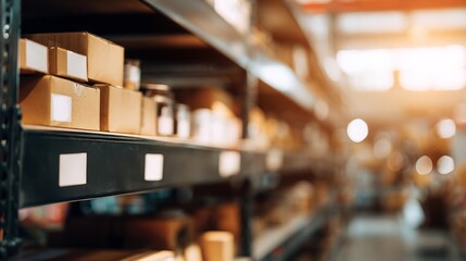 Neatly arranged boxes on warehouse shelves with soft overhead lighting and a blurred background.