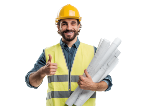 Smiling Construction Worker in Hard Hat Holding Blueprints and Thumbs Up, Standing Pose, Isolated on Transparent Background (2)