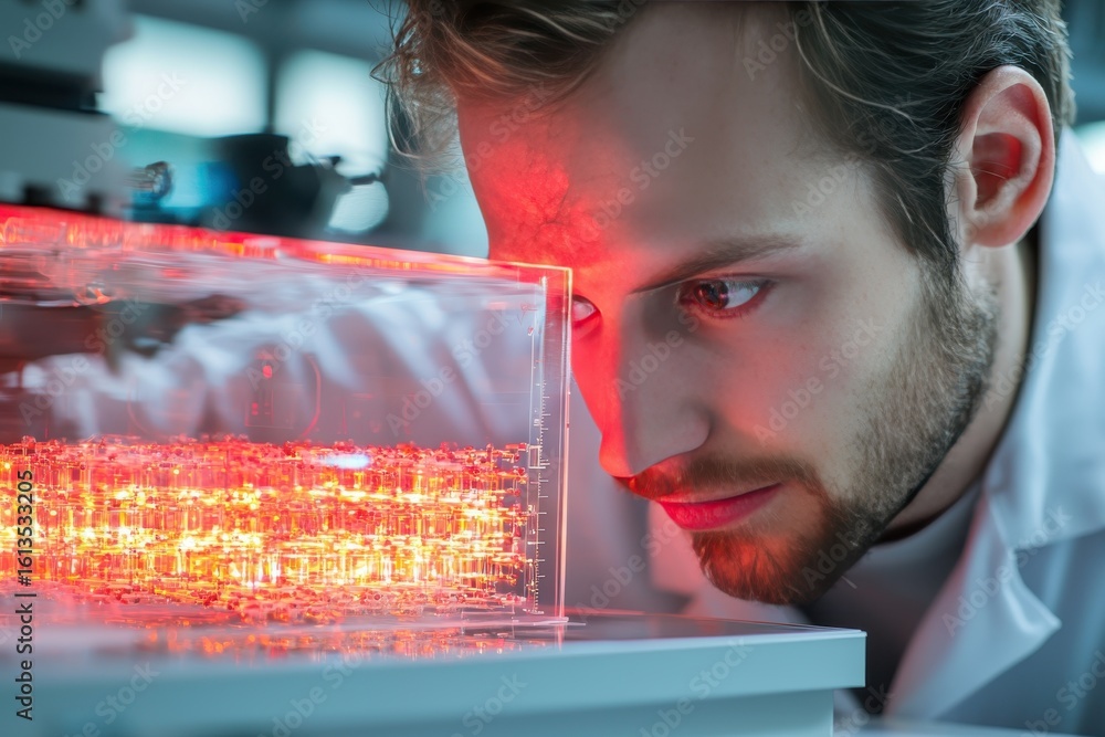 Poster a scientist intently examines a glowing red circuit board in a high-tech laboratory environment.