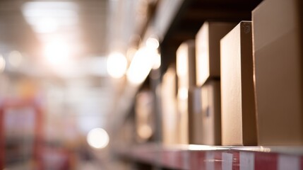 Neatly arranged boxes on warehouse shelves with soft overhead lighting and a blurred background.