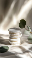 Stack of cotton reusable pads with eucalyptus branches and soft natural shadows