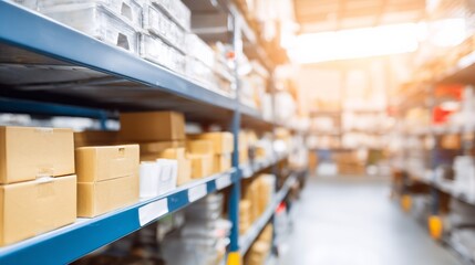 Neatly arranged boxes on warehouse shelves with soft overhead lighting and a blurred background.
