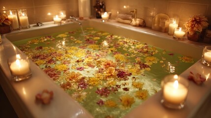 Luxurious spa tub with candles and flowers