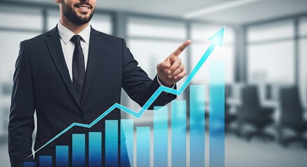 Confident businessman pointing to rising financial growth chart, symbolizing success, progress, and business development in modern office