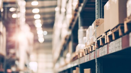 Neatly arranged boxes on warehouse shelves with soft overhead lighting and a blurred background.