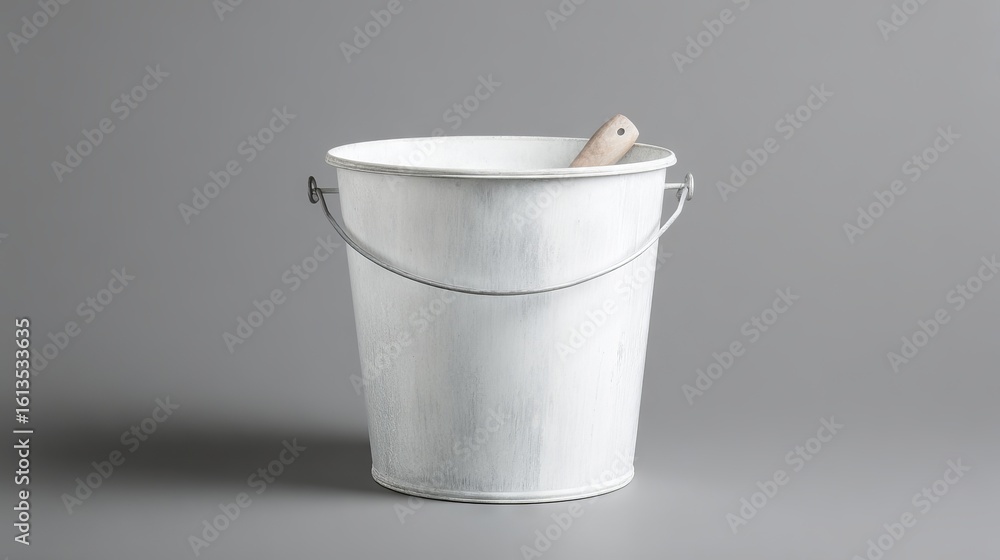 Poster white metal bucket with a wooden handle, placed on a smooth gray surface, showcasing a minimalist de
