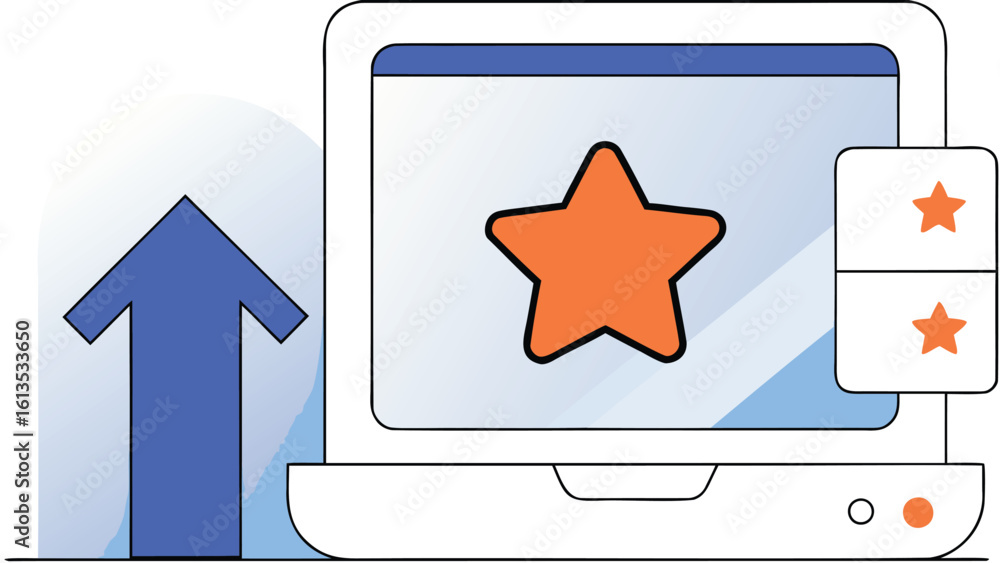 Poster illustration of a laptop with a star on the screen and an upward pointing arrow showing progress and