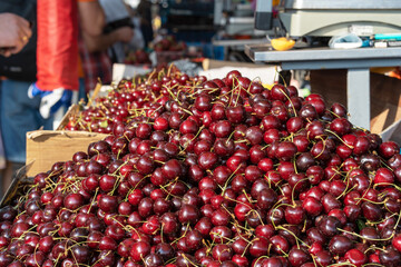 Fresh cherries. Cherry in the market, season of summer berries and fruits, farmer market