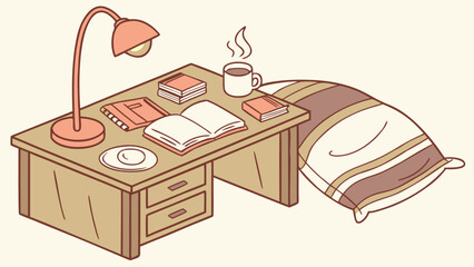 Illustration of a desk with a lamp books a mug and a pillow in a cozy study room setting perfectly drawn