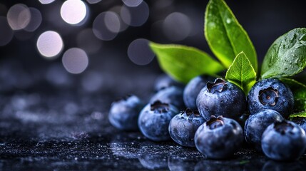 close-up of fresh blueberries with leaves, set against an abstract dark background with bokeh lights, copy space for text, food, fruit concept, elegant atmosphere