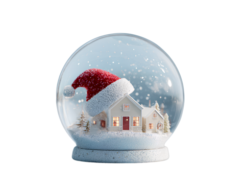 Santa Hat Balancing on a Snow Globe with Miniature Winter Scene, Isolated on Transparent Background - Powered by Adobe