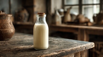 Milk bottle on rustic wooden table (1)