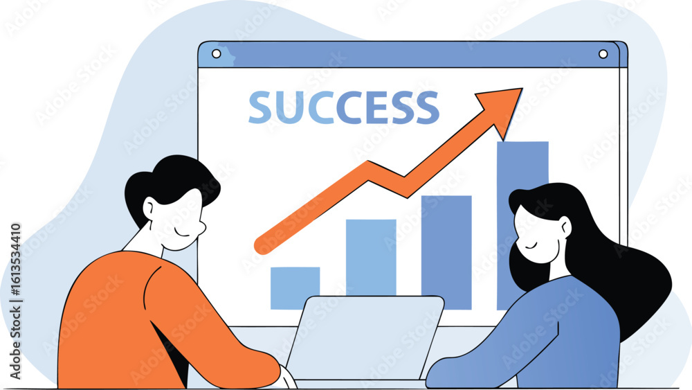 Poster two people working on a laptop with a success chart displayed on a screen in the background showing 