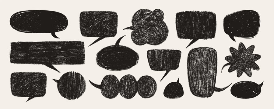 Crayon speech bubble vector set in black with rough texture on light background. Hand drawn talk and text elements in sketchy cartoon style. Perfect for comics, retro posters, creative layouts