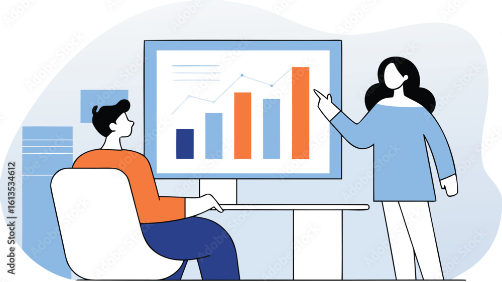 Poster woman presenting bar graph on computer screen to seated man in office environment with desk and chai