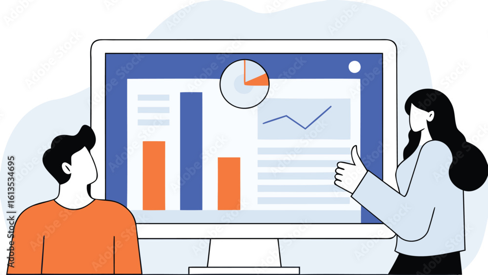 Poster illustration of two people looking at a computer screen with graphs and charts in a business setting