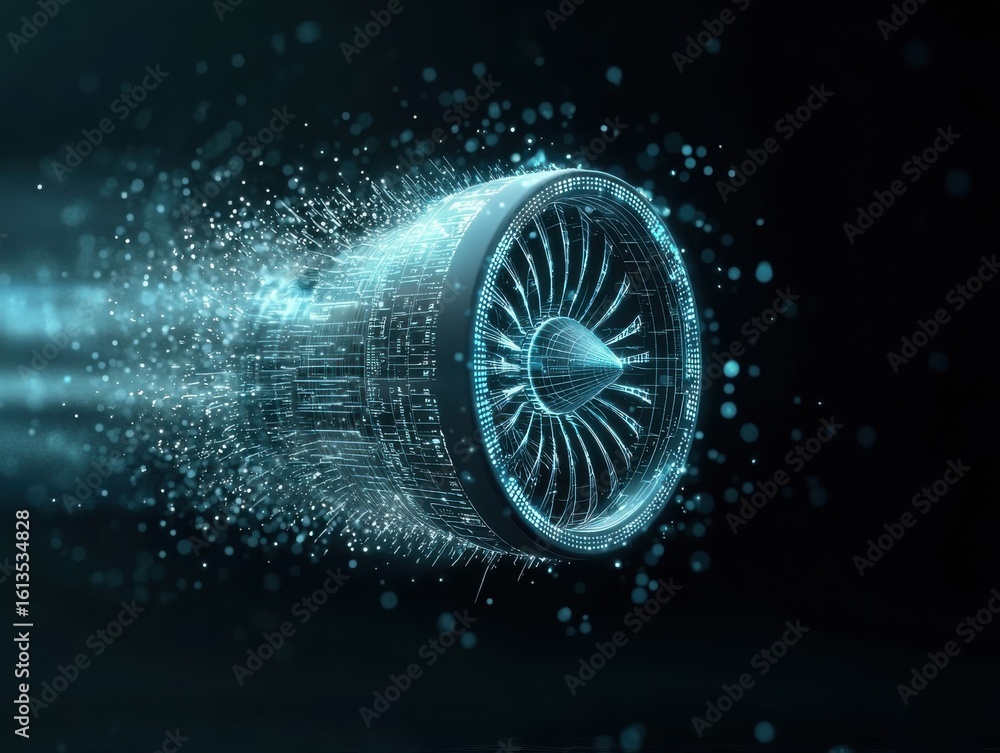 Aufkleber a digital rendering of a jet engine in motion, composed of glowing particles and lines, symbolizing 
