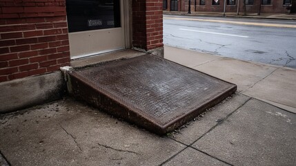 Ramp access for individuals with mobility challenges, featuring textured surface, located at a brick building entrance, providing essential support for wheelchair users and enhancing accessibility