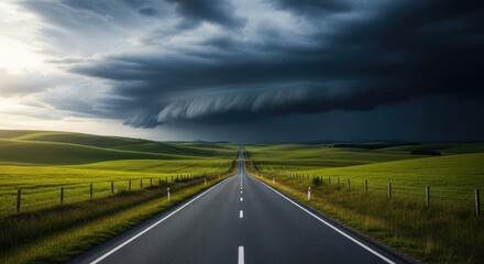Fototapeta premium Dramatic open road leads through rolling green hills under a powerful, dark storm cloud creating an epic, adventurous journey.