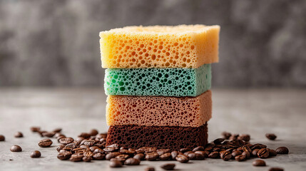 Stacked color sponges representing geological layers with coffee beans at base.