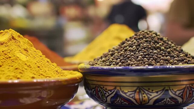 Close Up Bowls of Turmeric Chili and Black Pepper Spices in Brown and Blue Bowls with a Blurred Market Background
