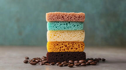 Stacked color sponges representing geological layers with coffee beans at base.