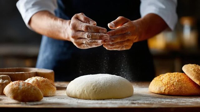 Artisan Bread Making: A skilled artisan, dusted in flour, meticulously shapes a fresh loaf, highlighting the artistry and warmth of traditional baking with a focus on bread and flour.
