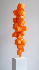 Surreal fabric sculpture resembling melting orange cubes on white pedestal.