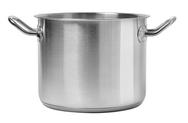 Empty stainless steel cooking pot with handles on white background