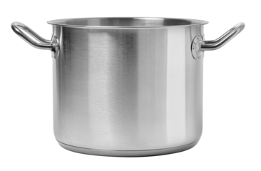 Empty stainless steel cooking pot with handles on white background
