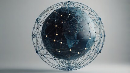 A globe surrounded by a wireframe network with glowing nodes on a gray background surface