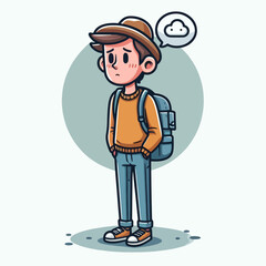Obraz premium A young boy wearing a hat and backpack, looking sad with a cloud thought bubble above his head.