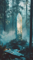 Surreal glowing crystal rising in fog-shrouded peaceful forest